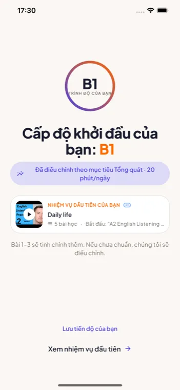 Màn hình kết quả trình độ trong ClipClass, hiển thị cấp độ B1 và nhiệm vụ đầu tiên