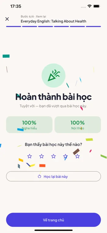 Màn hình hoàn thành bài học trong ClipClass