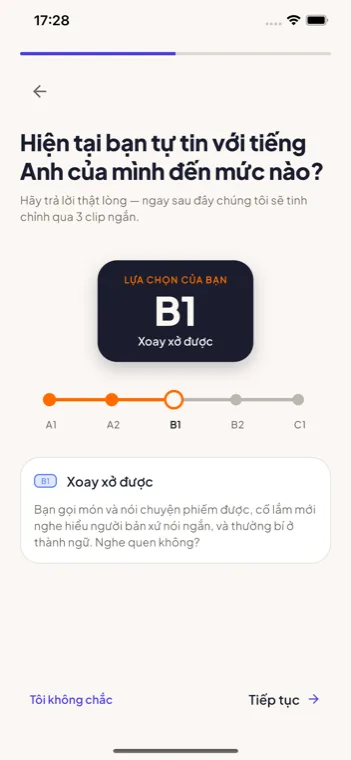 Màn hình tự đánh giá trình độ trong ClipClass