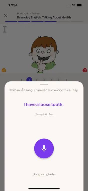 Màn hình nói theo và chấm điểm phát âm